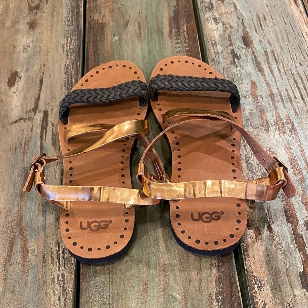 UGG NWOT Jordyne Sandals Flats Size 5 Metallic Copper Leather Braided Black - Picture 7 of 13